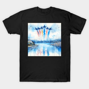 Artistic illustration of acrobatic jets flying over T-Shirt